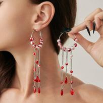 Salircon Gothic Long Tassel Red Waterdrop Rhinestone Hoop Earrings Women Trendy Exquisite Imitation Pearls Piercing Ear Jewelry brown