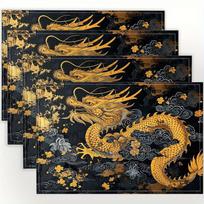 4pcs Placemat Set with Dragon Pattern Design, 12x18 Inches, Suitable for Kitchen and Dining Room Decor, Home Decoration, Family Dinner Table Setting, 4PCS brown