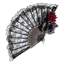 Folding Fan, Black Lace Fan, Feather Dressing Gown, Paired with Cheongsam, Runway Show, Ancient Style, Classical, Eternal Flower, Retro Palace Style Dark Double Rose Fan - No Pendant / Standard juoda