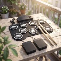 Electronic Drum Pad Portable with Pedals Tabletop for Beginners English black