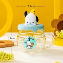 For Sanrio Hello Kitty Kuromi Melody Glass Cup Honey Cant-Shaped Water Cup for Kids 420ml Coffee Mug with Cartoon Silicone Lid 420ML white