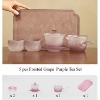 Coloured Glaze Colorful Frosted Pink Purple Glass Gaiwan Tea Set KUNGFU Teaset Chinese Style Heat-Resistant Teaware for Home&Office beige