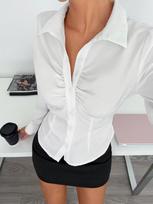 Women Point Collar Long Sleeve Satin Shirt Front Ruched Slim Fitted Button Down Blouse Polyester Y2K Office Club Top S balta