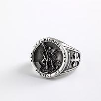 Vintage Titanium Steel Ring Archangel St. Michael's Dragon Slayer Ring Men's Stainless Steel Jewelry no. 9 gray