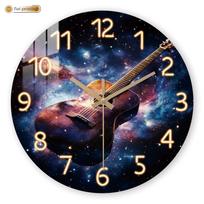 Galaxy Acoustic Guitar Wall Clock, Neon Numbers on Cosmic Background, Silent Quartz Movement, Music and Space Lover's Decor 10 inch gray