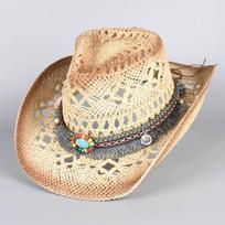 Western Bohemia Cowboy Hat Women Men Summer  Vintage Beach Straw Cap Sun Hats Panama Cowgirl Jazz Cap Sombrero Hombre About 58cm beige