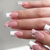 24Pcs French Tip Long Square Press On Nails With Glitter Rhinestone U Shaped Design Reusable Fake Nails For Women brown