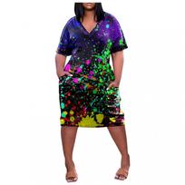 Women's Summer Plus Size V-Neck Short Sleeve Knee Pocket Printed Casual Dress XL violetinė
