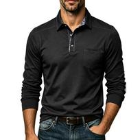 Men Plus Size Contrast Color Turn Down Collar Long Sleeve Casual Polo Shirt Top M juoda