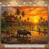 Vibrant Tropical Sunset Rice Field Village Farm Asia Asian Culture Life Tapestry Wall Decor Canvas Art Backdrop 100X70CM orange