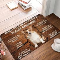 Corgi Themed Funny House Rules Living Room Door Mat Carpet Wood Texture Cute Corgi Pattern Humorous Visitor Notice Home Decor 40X60CM gray