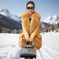 Leather jacket women's fur medium and long coat jacket with cotton environmentally friendly fox fur trench coat large size autumn and winter S beige
