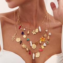 Multi-Layer Bohemia Design Retro Pearl Heart-Shaped Flower Geometric Pendant Necklace for Women Party Jewelry brown