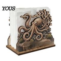 Easy to Assemble Napkin Holder Stand Rustic Wooden Holder, Octopus/Bird/Goose/Turtle/Black Bear/Elephant Pattern, Compact Tissue Farmhouse Style A gray