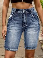 Women's Mid Rise Straight Leg Denim Shorts Embroidered Bermuda Shorts Stretch Washed Streetwear Cotton Jean Shorts S tamsiai mėlyna