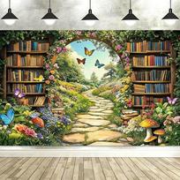 Enchanted Forest Fairy Library Backdrop Spring Woodland Bookshelf,Birthday Party Decor & Baby Banner Photo Booth Props-Tapestry 47.2x31.5inch/120*80cm beige