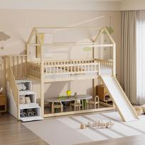 Children's bunk bed 90*200 cm, loft bed, with slide and storage ladder, high fence construction, solid wood bed frame, slatted frame, wood color 253 x 95 x 206.7 cm