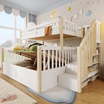 Bunk bed, 90x200cm+140x200cm, hydraulic, storage ladder, storage space, without mattress, white+natural 253 x 146.5 x 150 cm