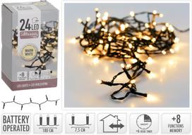 Mondex LED GIRLIANDA 24 ŠILTA BALTA WW LAUKO 1,8M + 8 FUNKCIJOS SU BATERIJOMIS TIMER