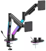 Monitoriaus stovas - HiSmart dviejų monitorių dujinių spyruoklių laikiklis 17–35", su RGB apšvietimu, juodas