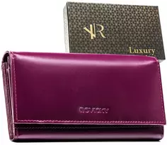 Violetinis portfel damski ze skóry naturalnej wyposażony w system RFID, uždaromas zatrzaskiem - Rovicky