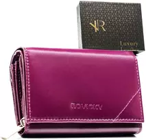 Violetinis portfel damski ze skóry naturalnej uždaromas zatrzaskiem, wyposażony w system RFID - Rovicky