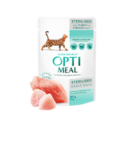 Optimeal™ VISAVERTIS KONSERVUOTAS ĖDALAS STERILIZUOTOMS KATĖMS IR KASTRUOTIEMS KATINAMS SU KALAKUTIENA IR VIŠTIENOS FILĖ PADAŽE 0,85g.*12vnt.