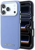 Karl Lagerfeld Grūdėtos odos pailginto logotipo MagSafe dėklas, skirtas iPhone 17 Pro Max / 18 Pro Max – Mėlyna