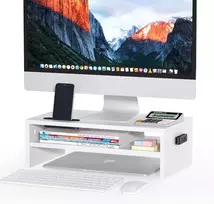 BONTEC medinis monitoriaus stovas su išmaniojo telefono laikikliu, 2 lygių, baltas MTR-S2-WH