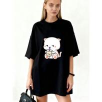 Oversized T-Shirt Black Cute Cat Drinking Bubble Tea Print Casual Everyday Wear S juoda