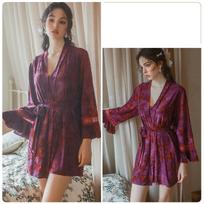 Sweet Butterfly Print Lingerie Sexy Open Back Deep V Nightgown With Padded Cups Women's Sleepwear Set One Size violetinė