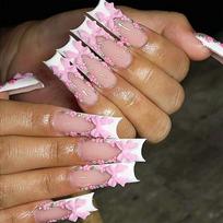 Long Press-On Nails With Pink Bow Rhinestone Floral Design French Style Women Gel Adhesive Jelly Glue Options Gel Adhesive Type brown
