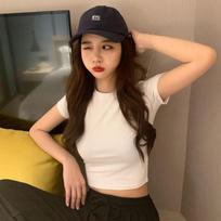 Black Sweet Spice Girl American Front Shoulder Crew Neck Short Sleeve T-Shirt Women's Summer New Slim-Fit Button Top M black