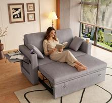 Sofa Bed with Sleep Function, Multi Double Sofa with Adjustable Backrest, with Cup Holder and Cushions, Suitable for Living Room, Bedroom, Apartment pilka