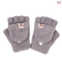 Winter Women Half-Finger Flip-Top Gloves Student Cute Girl Cartoon Warm A3 gray