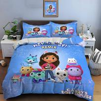 3pcs Multiple Sizes Cute G-Gabbys Cartoon Print Bedding Set 1 Duvet Cover 2 Pillowcases Adult and Kids Bedding Set Luxury Gifts 135x200cm blue