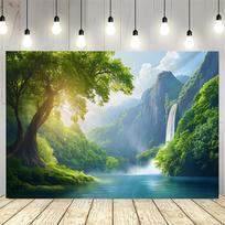Majestic Mountain Valley with Waterfall and Sunlight Tree Wall Tapestry 2D Flat Print Nature Art Landscape Decor Boho Style 70x100CM white