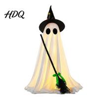Halloween Ghost Ornament Light-Up Decoration Spooky Witch Hat with LED Illuminated Decoration Light Broom Decor beige