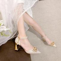 Women Sandals Summer New Pointy Beaded Buckle Bag Wedding Heels Stylish Temperament Stiletto Party Shoes 35 auksas