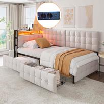Minkšta lova sofa 90x200 cm su 2 stalčiais LED USB Type C smėlio spalvos 1 vnt