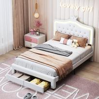 Vaikiška lova 140x200 cm su karūnėle ir LED apšvietimu. vaikų lova su daiktadėže, PU, balta