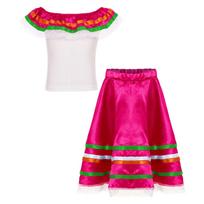 Mergaičių Meksikietiškas Suknelės Rinkinys, Atsidengiantys Pečius Ruffles Topas, Elastingas Juosmuo, Nėriniuota Juostelė Apdailos Sijonas 5-6 Years karšta rožinė spalva