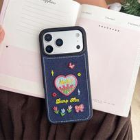 Embroidered Tulip Heart Denim Phone Case for iPhone 15/14 Pro Max 17 (No Packaging) white