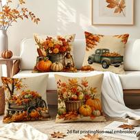 4 vnt. Rudens Sodybos Pagalvės Užvalkalų Rinkinys - Dvipusis Klevo, Moliūgo, Uogų Spaudinys, Su Užtrauktuku, Skalbiamas Mašinoje, Tinka Lova 4Pcs beige