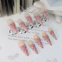 Handmade Press-On Nails Long Pointed French Style With Sweet Bow Rhinestone Decor Women L Includes 3-piece set nail art tools kit gray