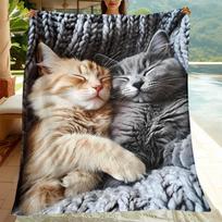 Realistic Sleeping Cat Print Flannel Blanket, Soft Polyester Digital Print Throw, Lightweight for Indoor Outdoor Use Size: 75*100cm, Weight: 230 GSM gray
