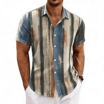 Summer Essential! Men's Artistic Striped Short Sleeve Shirt S beige