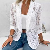 Plus Size Women's Big Flower Pattern Open-top Jacket Elegant Solid Color Lace Summer Spring Jacket Long Sleeves S white