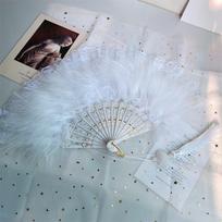 Lolita Feather Folding Fan Japanese Sweet Fairy Girl Dark Gothic Court Dance Hand Fan With Pendant Gift Wedding Party Decoration white