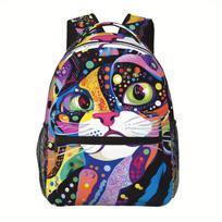 Vibrant Cat Graphic Backpack - Lightweight, Double-Compartment Design with Zipper Closure, Large Capacity for Travel, Campus, an black